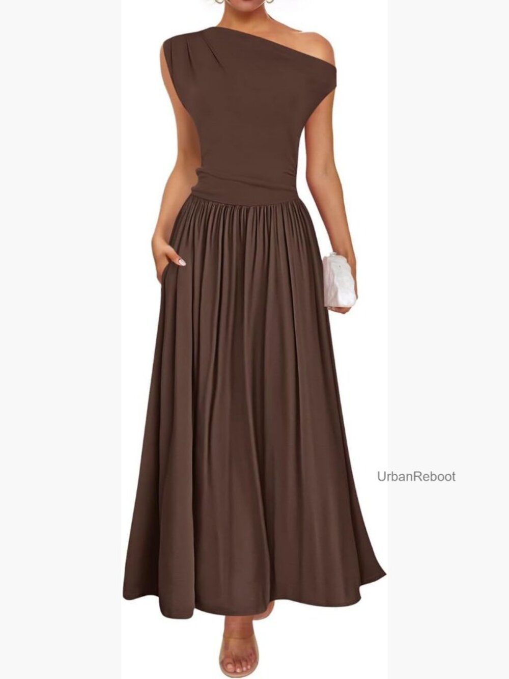 Sleeveless One Shoulder Maxi Dress with Pockets - Picture 1 of 7